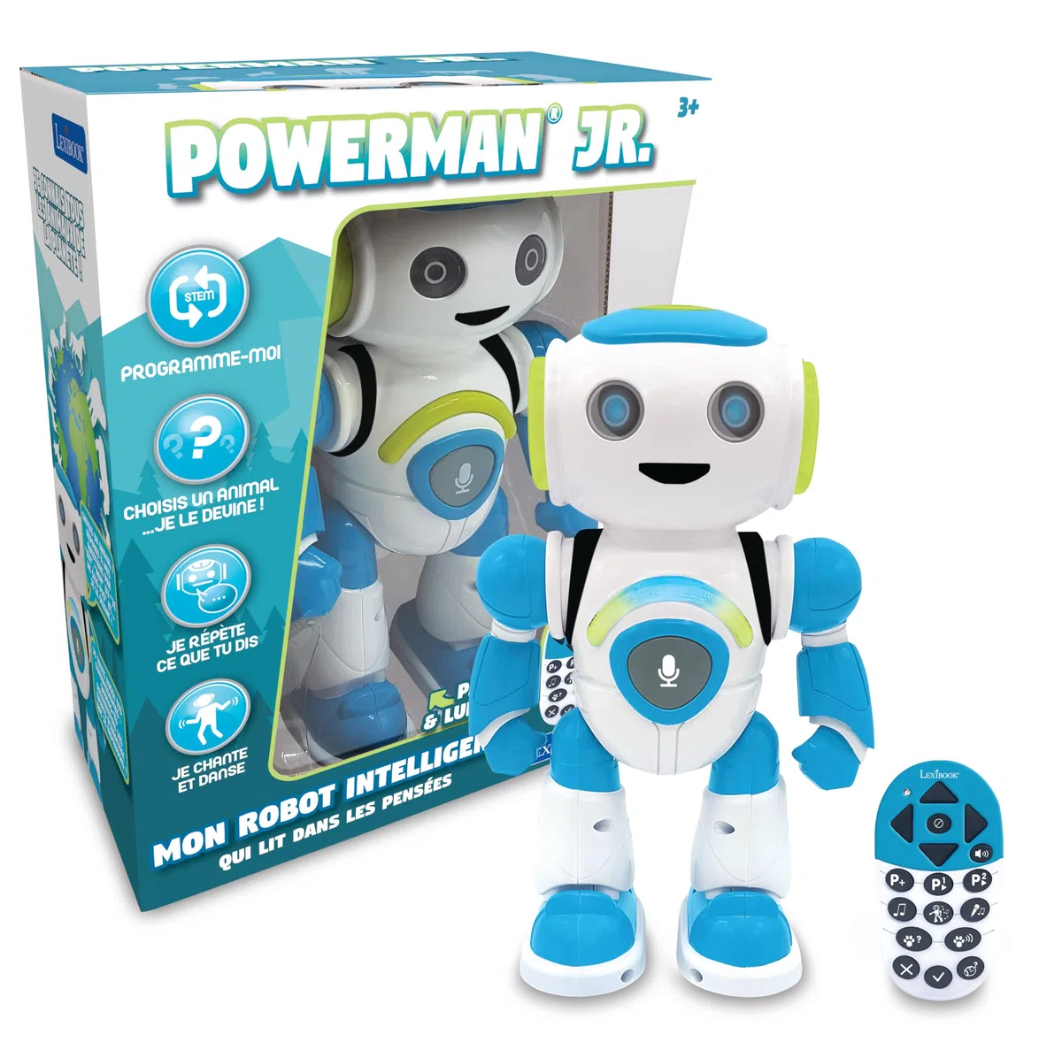 Lexibook Jr. Robot intelligente che legge nei pensieri giocattolo per bambini e bambine, Powerman Junior danza suona musica quiz animali karaoke programmabile STEM Blu/Verde, ROB20FR
