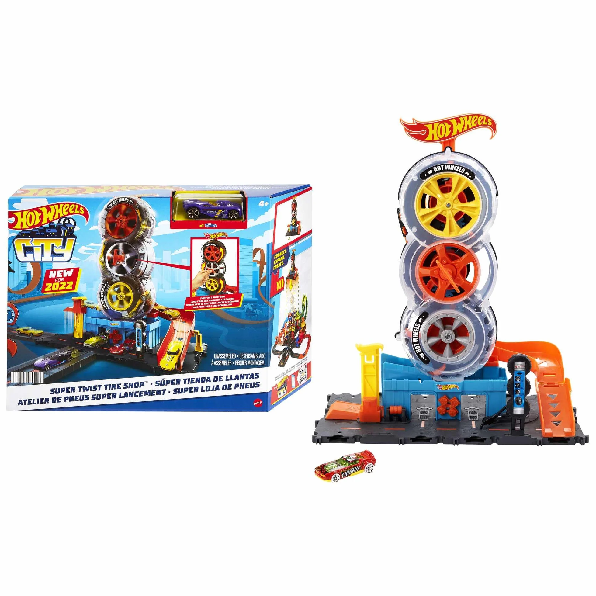 Hot Wheels City Pneumatici Super Velocità - Playset Rampa per Macchinine tra Ruote in Autofficina - Include 1 Macchinina - Regalo Bambini 4-8 Anni, HDP02