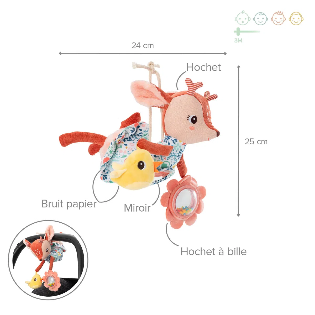 LILLIPUTIENS - Acti-Nomade Stella Il cerbiatto - Giocattolo per Bebè - Perfetto per passeggini o seggiolini Auto -Stimolazione sensoriale - Compagno di Viaggio Morbido e Divertente - dai 3 mesi-83521
