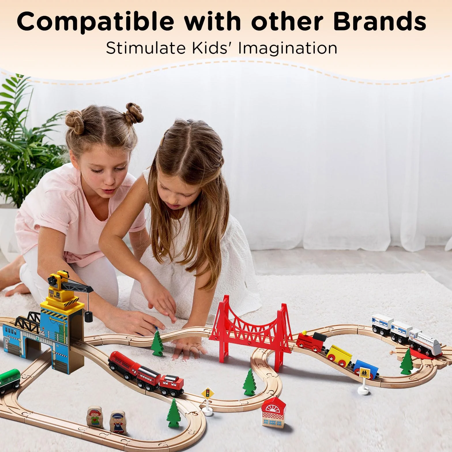 SainSmart Jr. Set di treni in legno per bambini con ponte sospeso, 37 pezzi binari in legno per Brio, Thomas, Melissa e Doug, giocattolo per treni dai 3 ai 5 anni in su