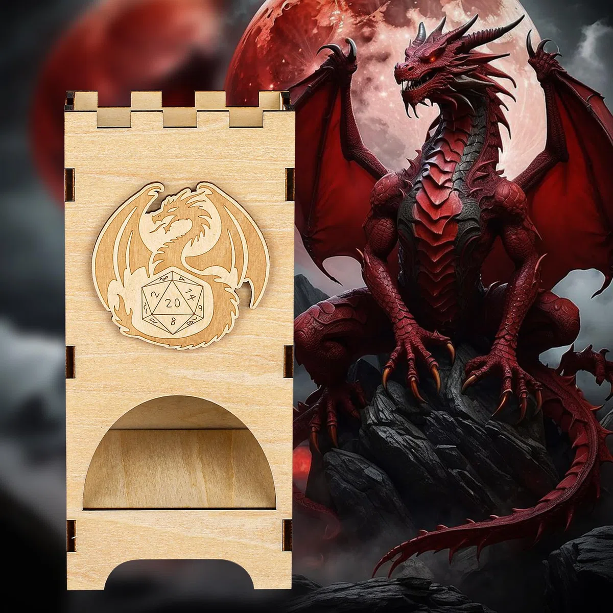 Torre lancia dadi trasportabile, D&D Legno Drago Volante Vassoio per Dadi, giochi in scatola, Accessori per giochi di ruolo, Regali per giocatori di fantasy (Dadi non inclusi)