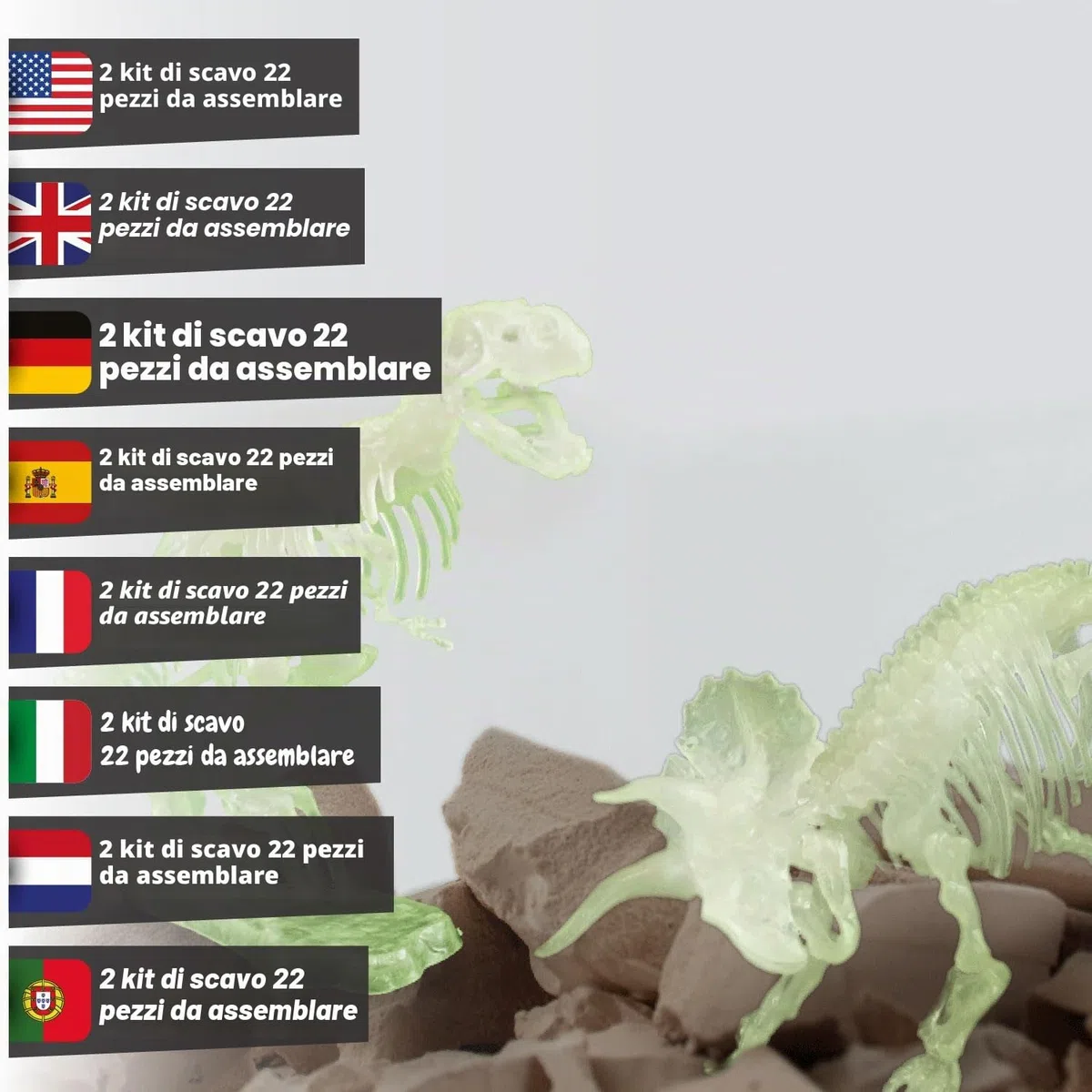 Science4you Kit Dinosauri 2 in 1 - Fossili da Scavare che si Illuminan al Buio di 2 Dinosauri: T Rex e Triceratopo, Scheletro Dinosauro, Giocattoli per Bambini 6 7 8 9+ Anni