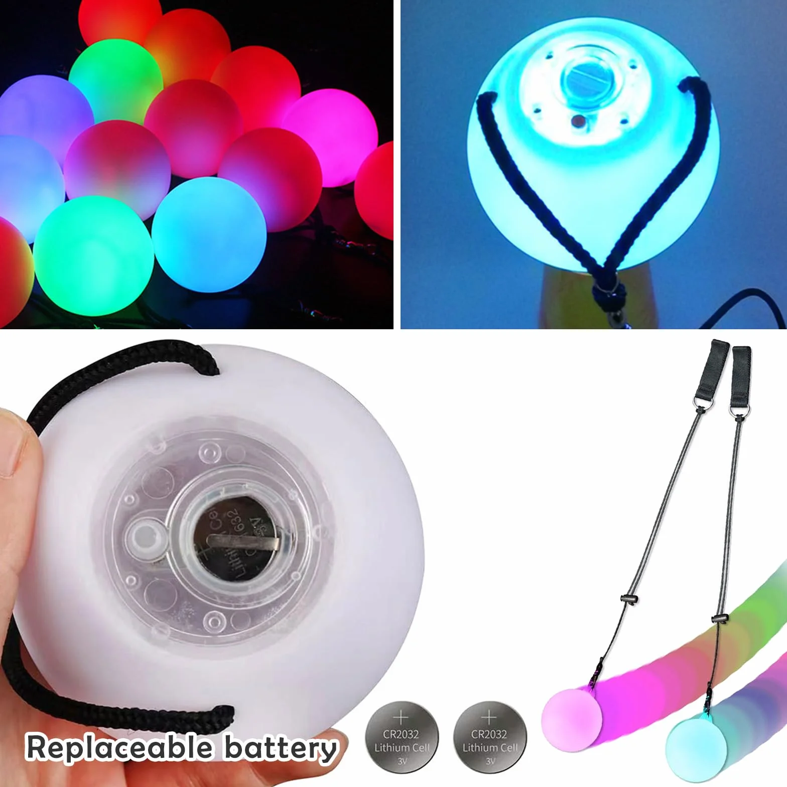 2 palline da giocoliere a LED, con colori arcobaleno e effetto stroboscopico, giocattolo da circo, spinning POI giocattolo per bambini e adulti