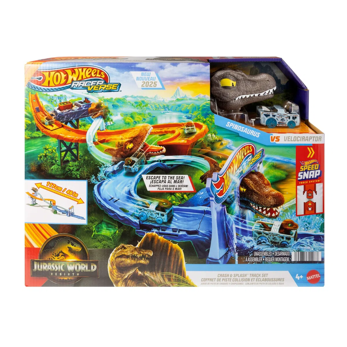 Hot Wheels RacerVerse Jurassic World Pista Scontri e Tuffi, playset con veicolo velociraptor die-cast, gara di dinosauri con spinosauro, JFP32