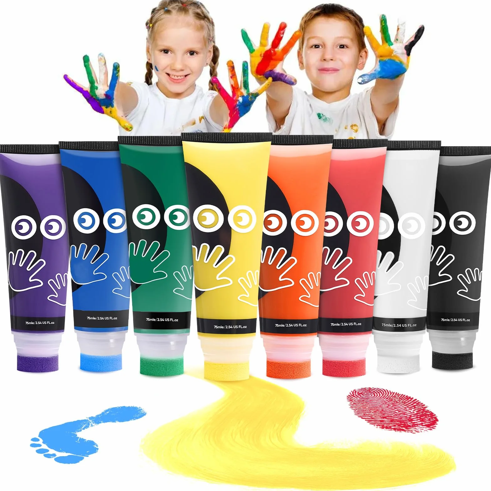 8 Colori Colori a Dita Lavabile, 8x75ml Set di Pittura per Bambini, Inchiostro per Impronte Con Attacco Spugna, Kit impronte Neonato per Regalo Battesimo Bimbo, Artigianato Familiare, Regalo di Natale