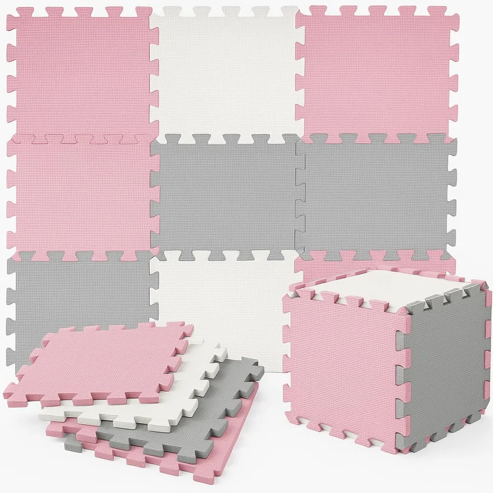 Tappeto Puzzle Bambini in EVA Antiscivolo – 18 Pezzi Rosa e Grigio 29,5x29,5 cm, Morbido e Atossico, Tappetone Gioco per Gattonare, Certificato CE, WELLDER