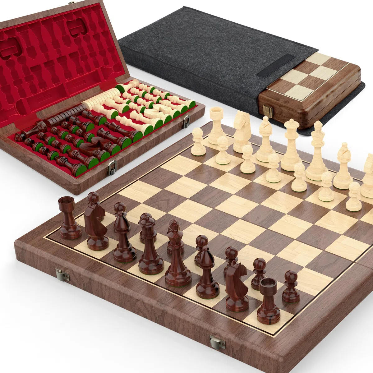 Premium 38 cm, set di scacchi magnetici donna e scacchi da donna – 2 in 1 pieghevole in legno con statuette Staunton, 2 extra, pietre da gioco e sacchetto antipolvere (rosso)