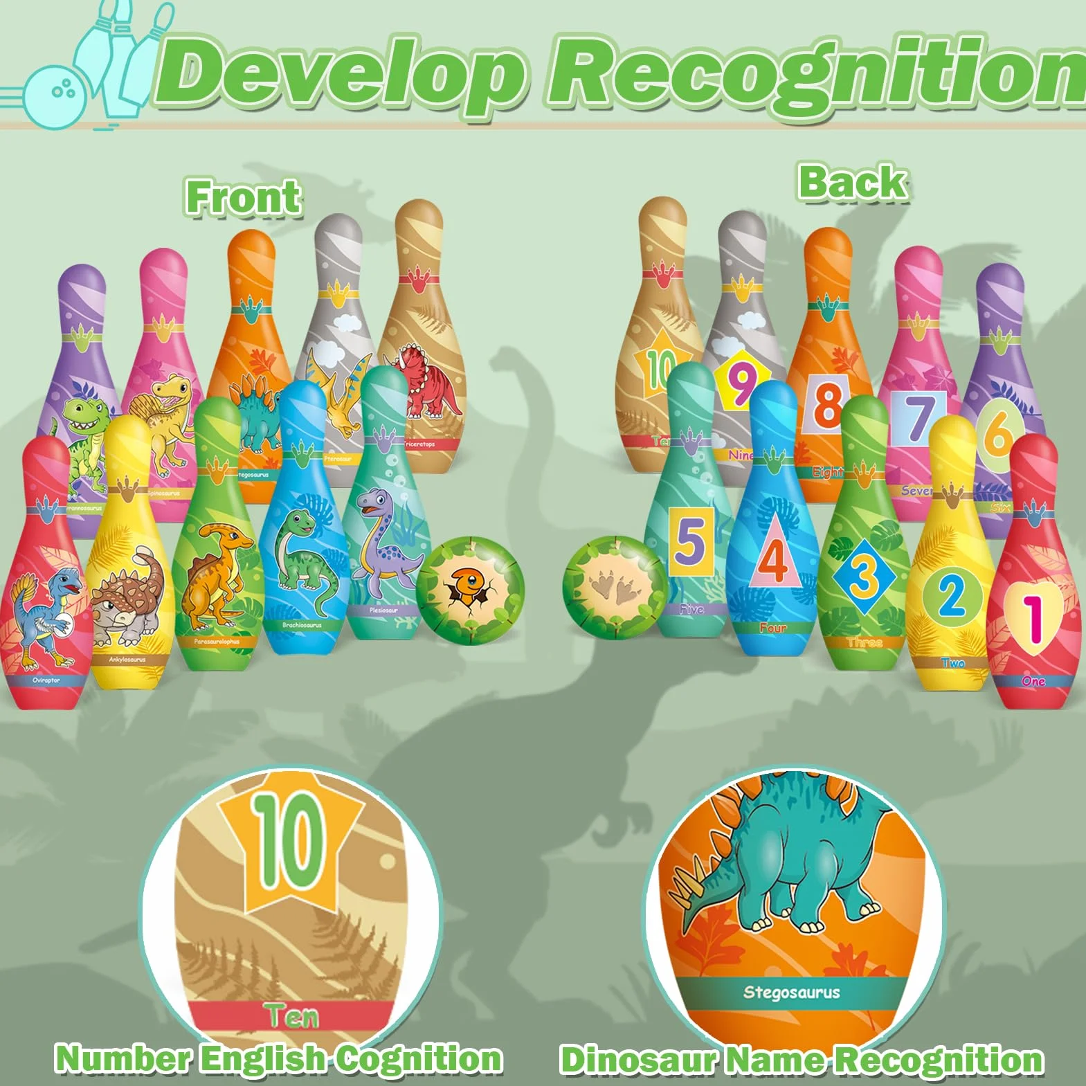 STAY GENT Dinosauro Birilli Bowling Bambini con 10 Birilli e 2 Palle, Morbido Set da Birilli per Bambini Giochi da Esterno Interno, Regali Educativi per Bambino 2 3 4 5 Anni Compleanni di Natale