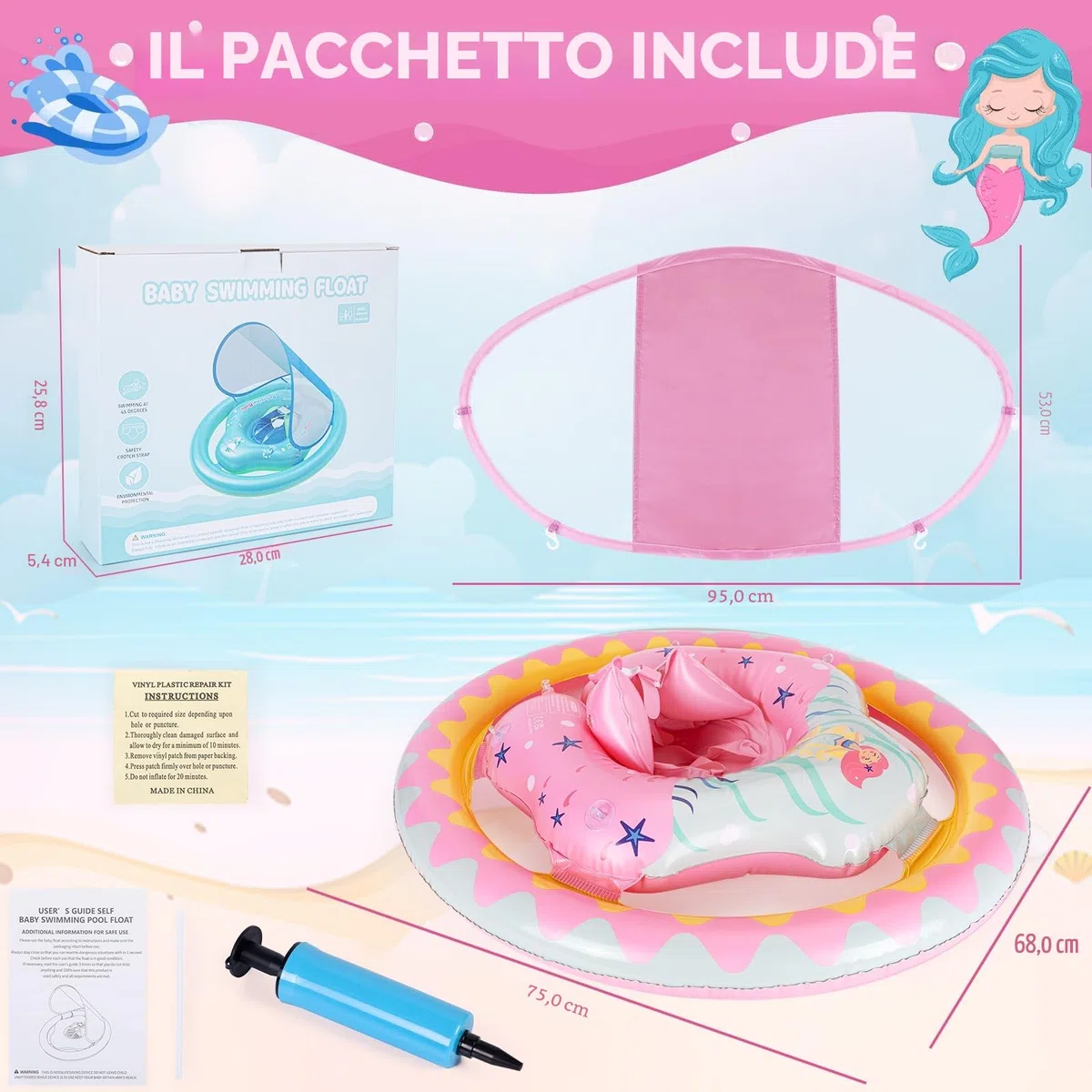 Thedttoy Salvagente Neonato 6-36 Mesi galleggiante gonfiabile piscina con doppio airbag & Tettuccio Parasole, sedile di sicurezza regolabile nuoto galleggiante per bambino Ragazze 1 2 3 Anno (Rosa)