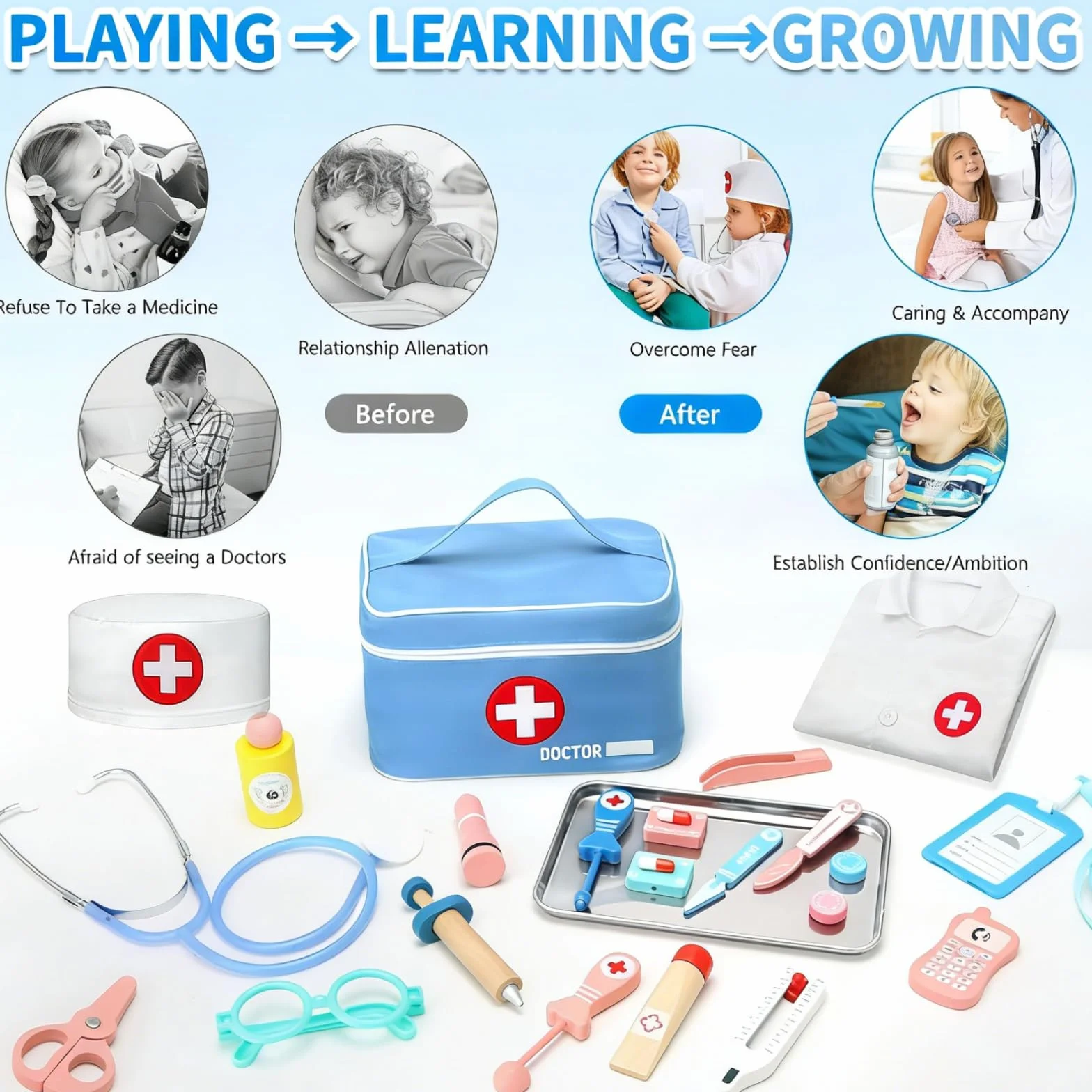 Valigetta Dottore Bambini, Legno kit Dottoressa Bambina con Vero Stetoscopio, Termometro, Camice da Medico e Borsa da Medico Portatile, Giochi di Ruolo, Giochi Bambini 3, 4, 5 Anni