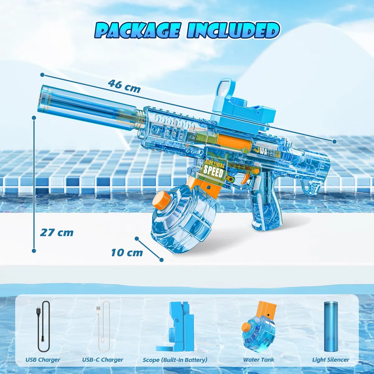 Pistola Elettrica ad Acqua per Adulti Bambini, Pistola ad Acqua Con Effetti Lampeggianti a Led, Fucile ad Acqua Automatico A Lunga Gittata per Feste, Piscina, Spiaggia (blu)