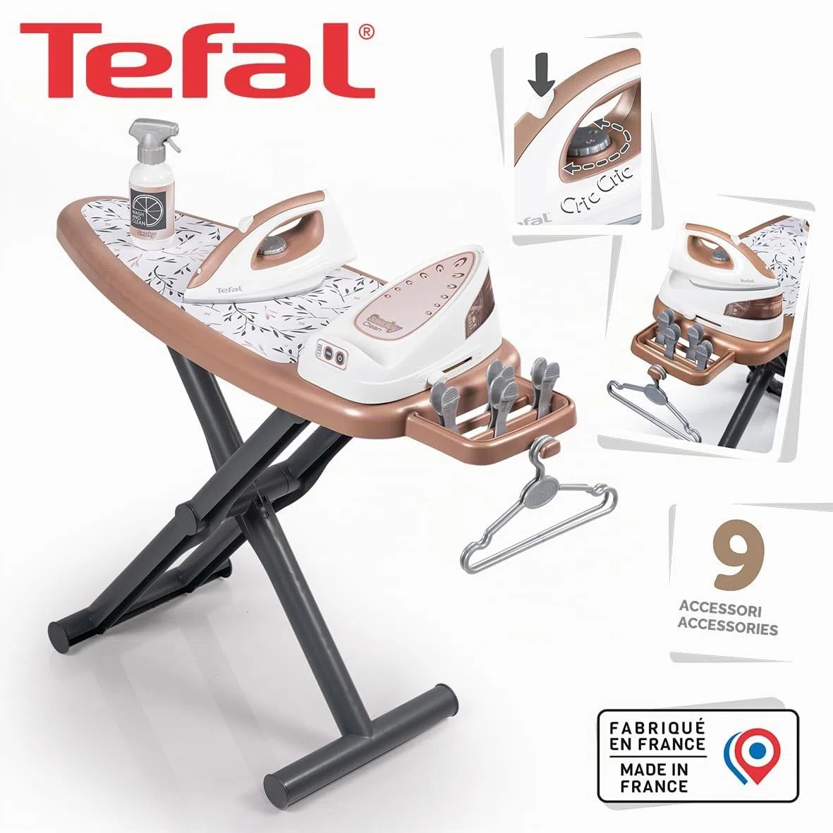Smoby - Tefal - Asse da stiro + generatore di vapore - Biberon, grucce, mollette incluse - Dai 3 anni - Prodotto in Francia
