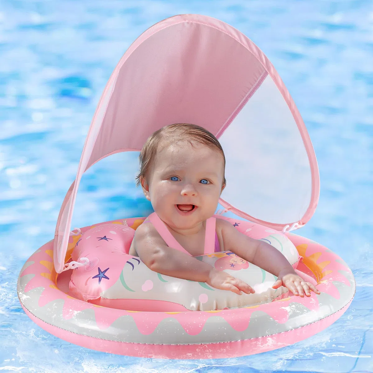 Thedttoy Salvagente Neonato 6-36 Mesi galleggiante gonfiabile piscina con doppio airbag & Tettuccio Parasole, sedile di sicurezza regolabile nuoto galleggiante per bambino Ragazze 1 2 3 Anno (Rosa)