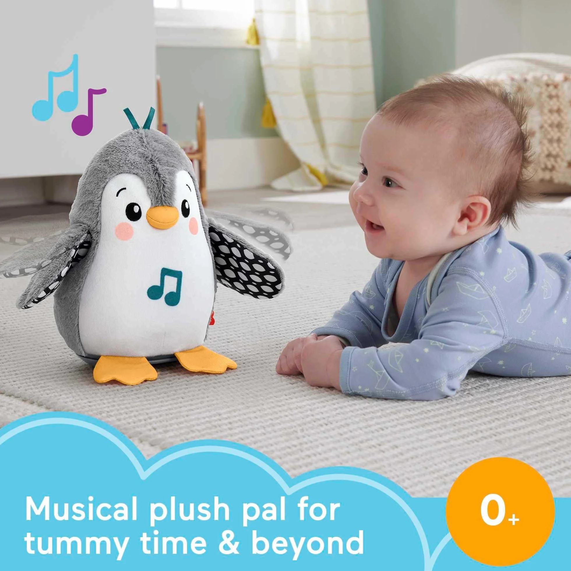 Fisher-Price - Pinguino Dolci Coccole, peluche sensoriale con musica e ali che si muovono, per il gioco interattivo da distesi sul pancino, giocattolo per bambini, 0+ anni, HNC10