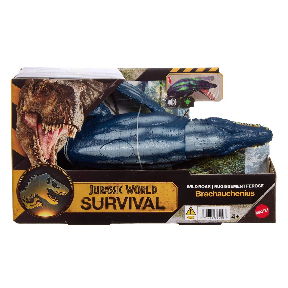 Mattel Jurassic World - Bracauchenio Ruggito Selvaggio, dinosauro snodabile con mandibola multidirezionale, mossa d'attacco e suoni inclusi, giocattolo per bambini, 4+ anni, JKL79