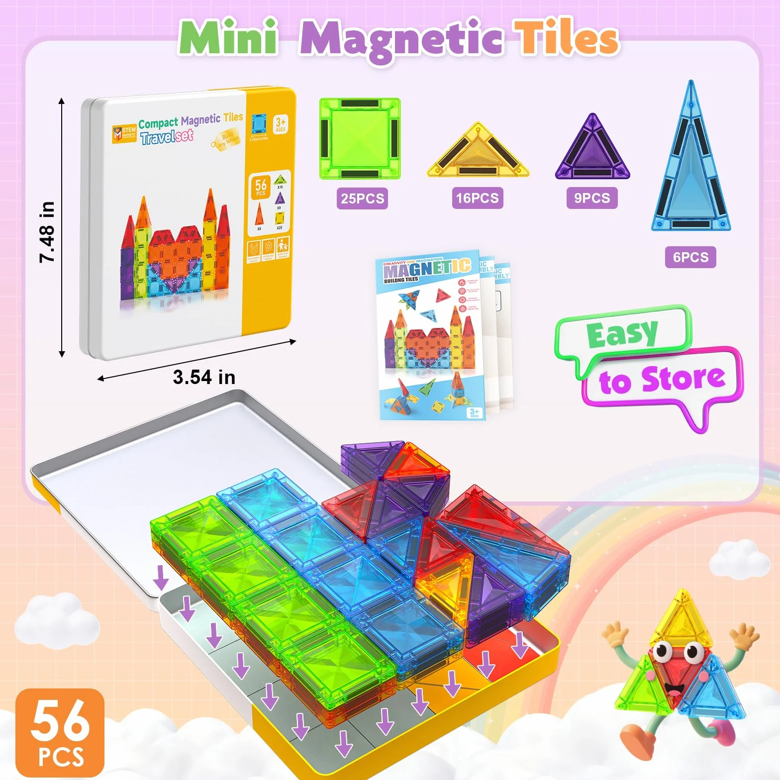 Costruzioni Magnetiche per Bambini 56 Pezzi in Valigetta Metallica - Gioco da Viaggio per Costruire Castelli, Razzi e Aerei - Giocattolo Montessori 3+ Anni - Blocchi Magnetici Regalo Creativo STEM