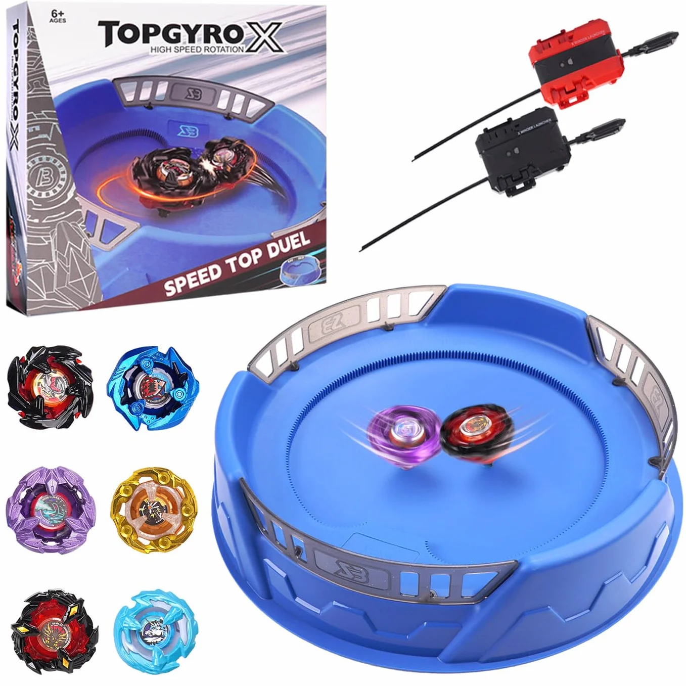 DEZAWRTY Set trotttola X, 6 trottole da combattimento, 2 lanciatori e arena per 6 ragazzi
