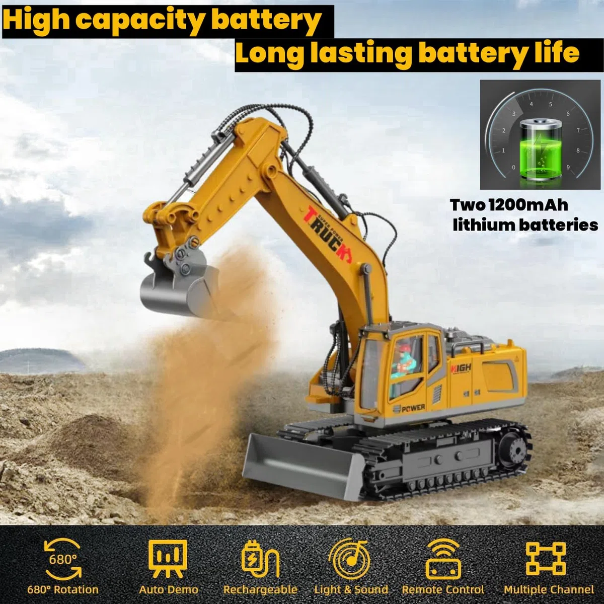 1:16 Scala 17 Canali Escavatore Telecomandato per Bambini, Escavatori Radiocomandato,Escavatore Idraulico per Ragazzi con luci,demo a un tocco, Sand Digger Regali