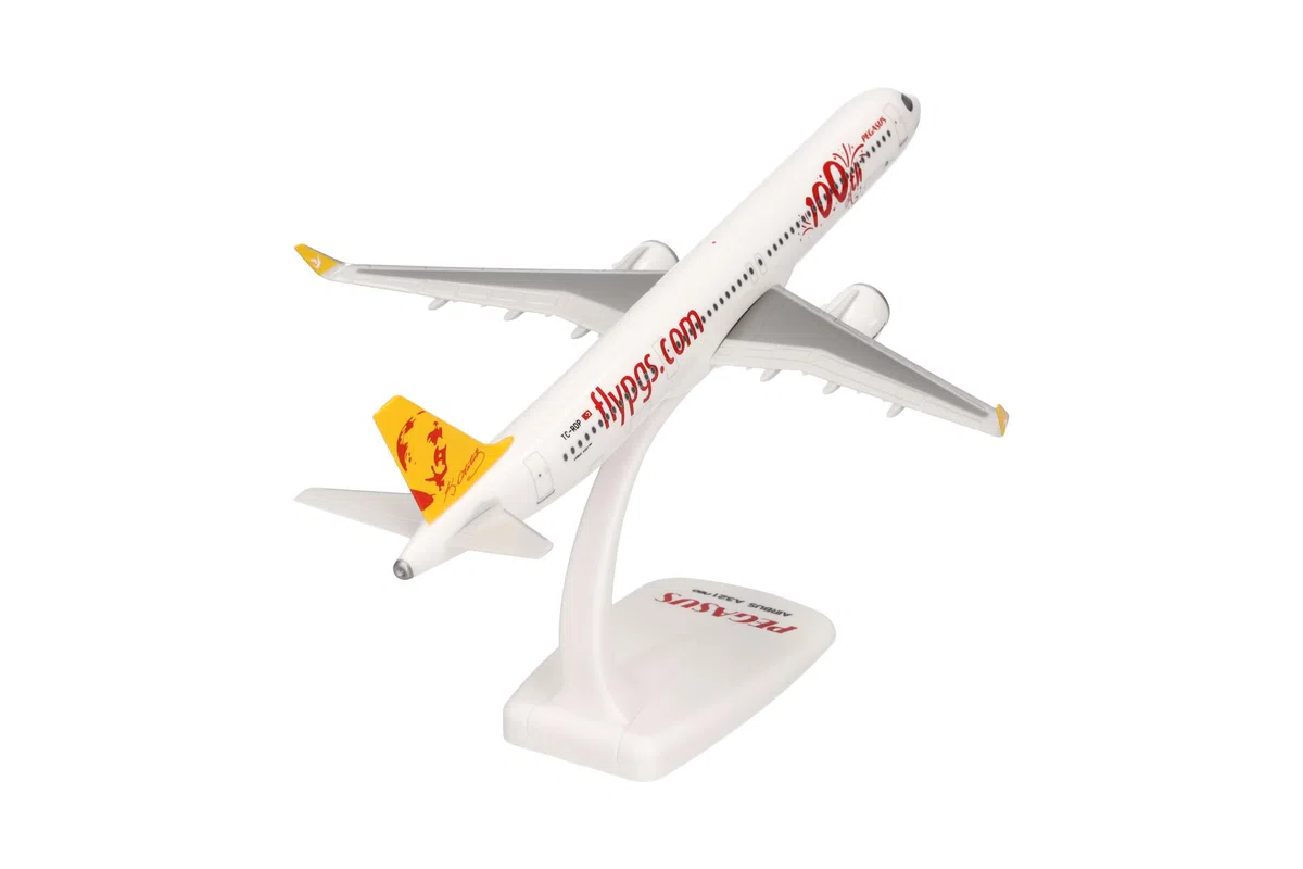 herpa modello aereo Snap-Fit Airbus A321neo 100th Pegasus Airlines, miniatura in scala 1:200, pezzo da collezione, con supporto, plastica.