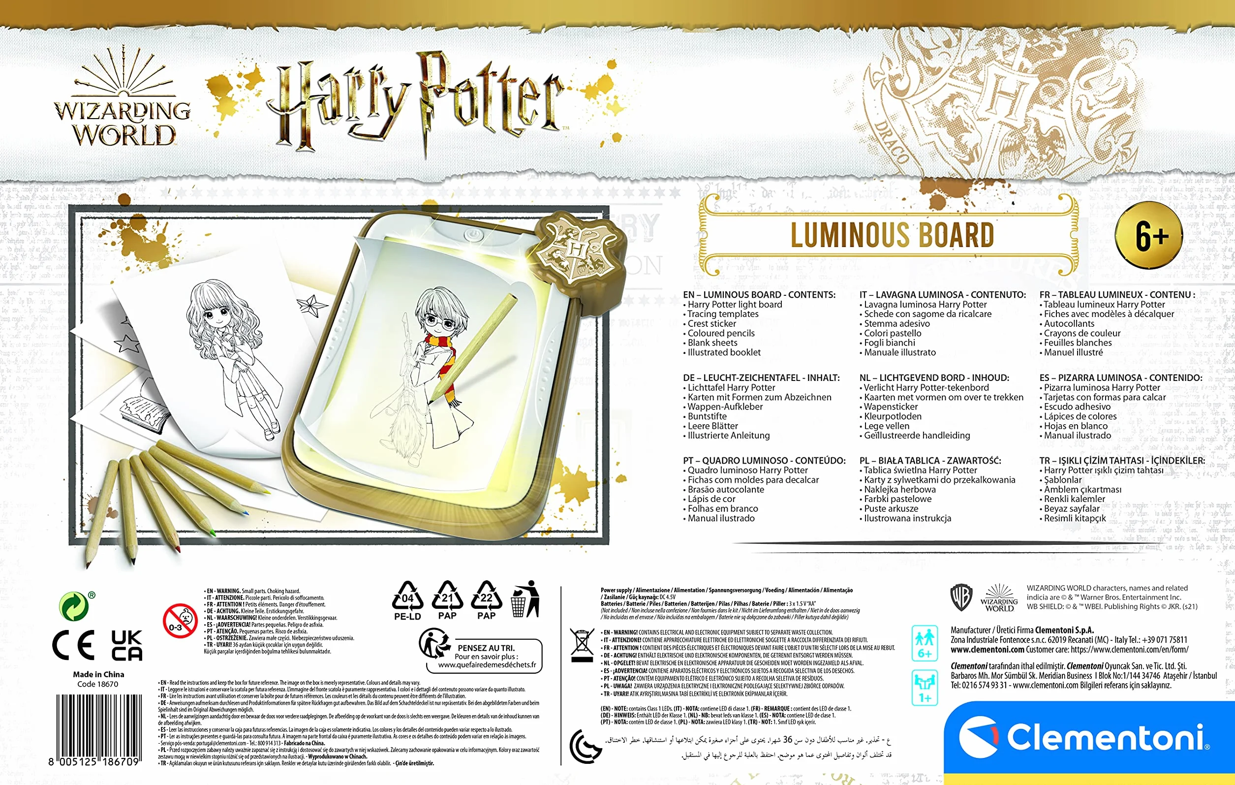 Clementoni Harry Potter LED Luminosa, Magica 7 Anni-Gioco Creativo Lavagna cancellabile-Set Disegno per Bambini, Multicolore, 18670