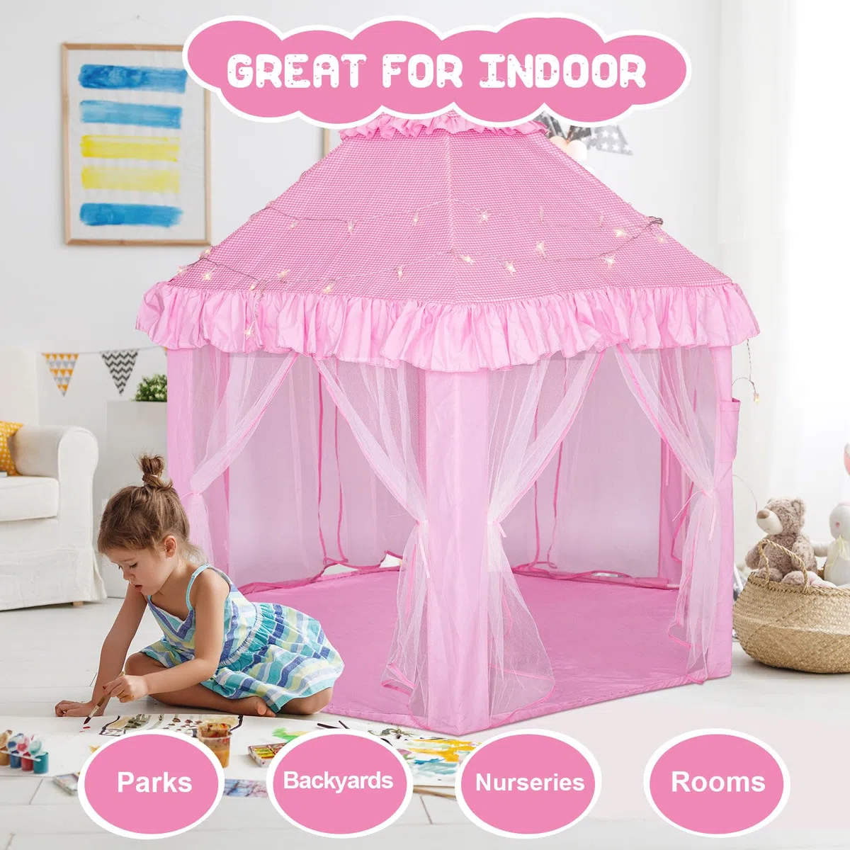 Tenda da gioco per bambini per ragazze - Tenda da gioco del castello della principessa, casa da gioco pop-up per interni e per esterni con luci stellari per bambini, regali per bambine da 3 a 9 anni