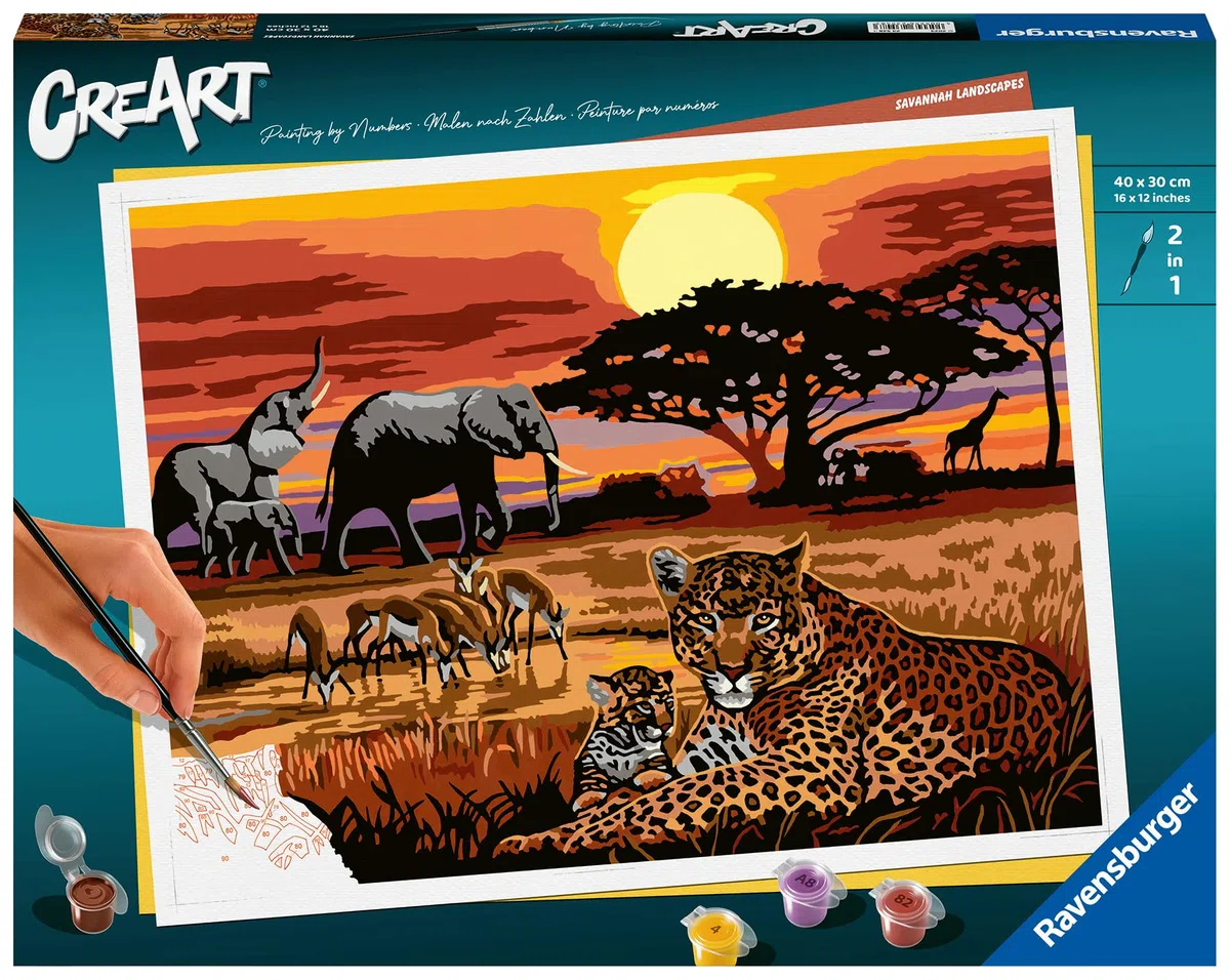 Ravensburger CreArt: Vita nella Savana – Dipingere con i Numeri Adulti, Attività Creativa e Rilassante, Kit Pittura con Pennello e Colori Inclusi, 30 x 40 cm, Idee Regalo