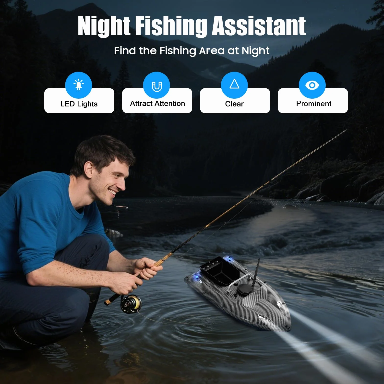 Barca per esche da pesca da 500 m, con luci LED, in acciaio inox ABS, posizionamento con luce notturna, barca per esche da pesca, barca da pesca con telecomando, per lanciare in fiumi, laghi o acque