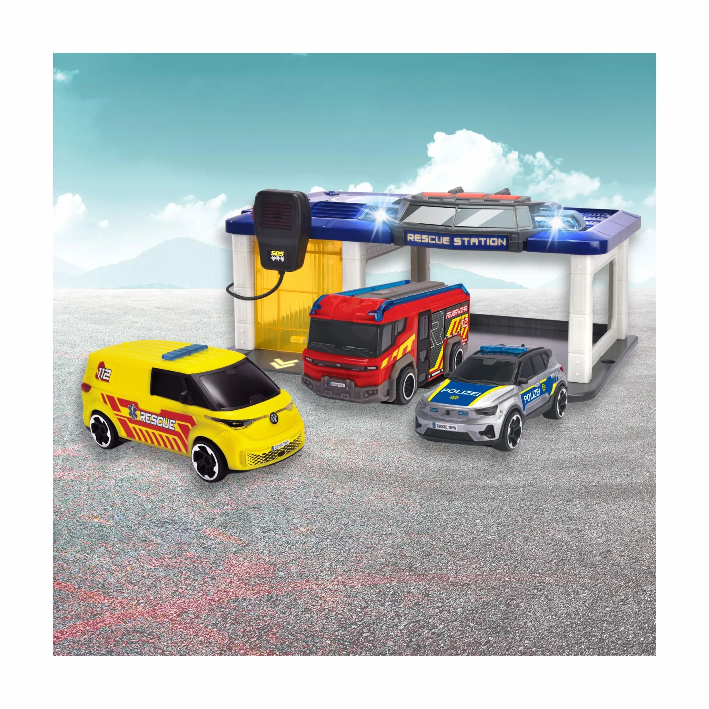 Dickie Toys - Stazione S.O.S per bambini a partire dai 3 anni (31 x 22 cm) con 3 auto giocattolo (auto della polizia, ambulanza, camion dei pompieri), stazione dei vigili del fuoco e della polizia con