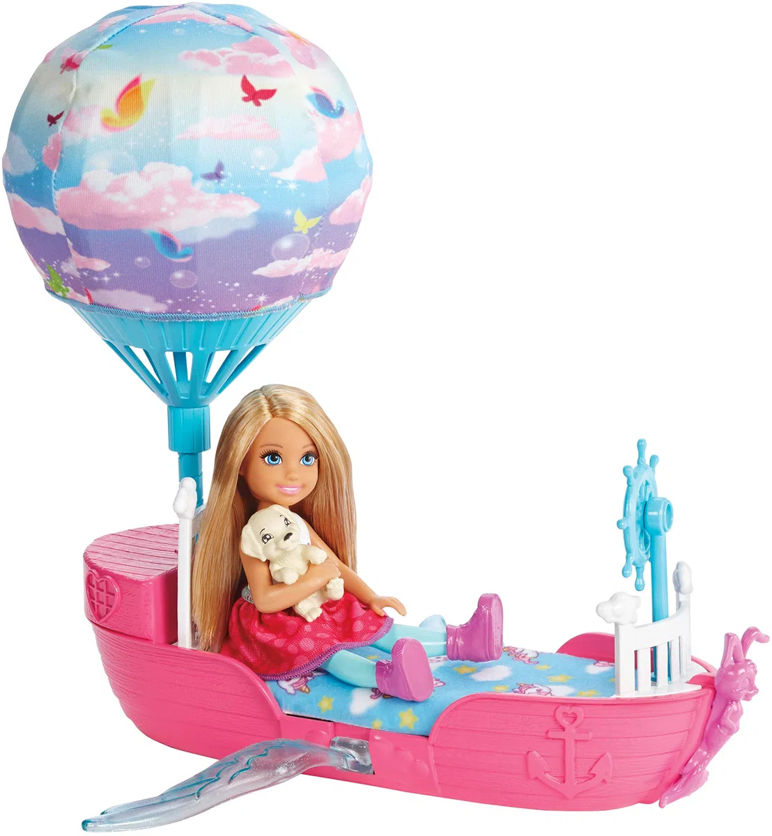 Barbie - Magica Chelsea con la Barca, Le Rotelle Nascoste e Le Ali Si Muovono, DWP59