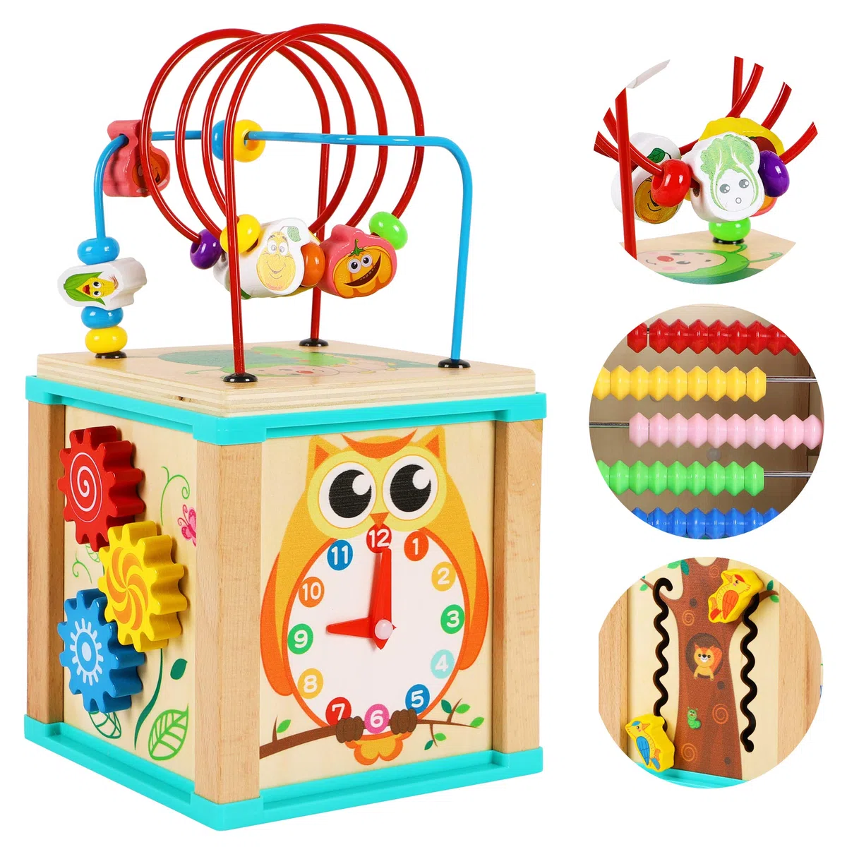TOWO - Cubo di attività in Legno con Perline Labirinto, 5 attività, Montagne Russe, Ingranaggi, Ingranaggi, Orologio a Zig Zag, Giocattoli educativi per Bambini, Giocattoli educativi in Legno per
