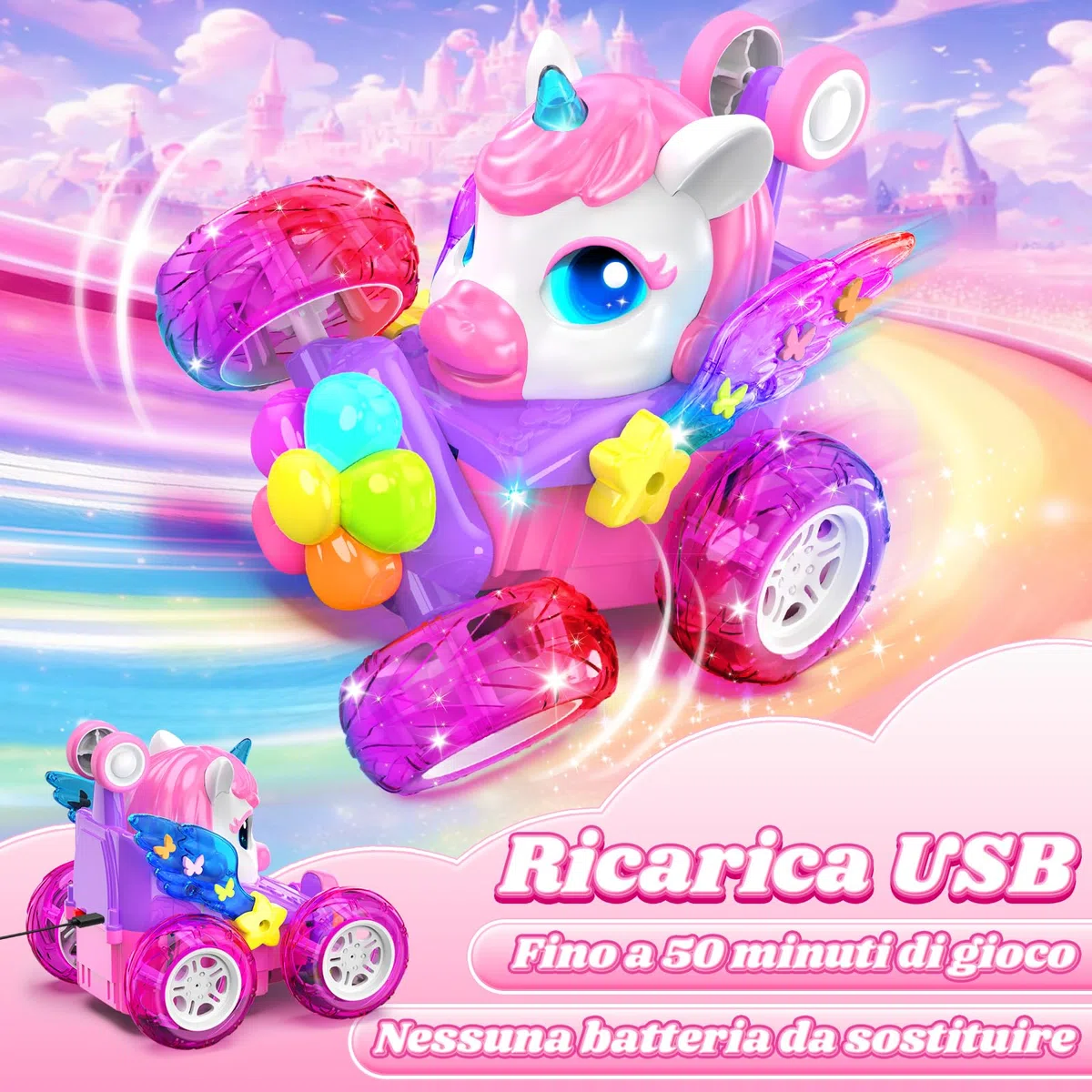 Unicorno Macchina Telecomandata Bambini 2,4GHz RC Car con Luce & Flip 360°, Regalo Bambina Giochi Bambini 3-12 Anni, Gioco Bambina Giocattoli Bimba 4 5 6 7 8 9 10 Anni Femmina Natale Compleanno Regali