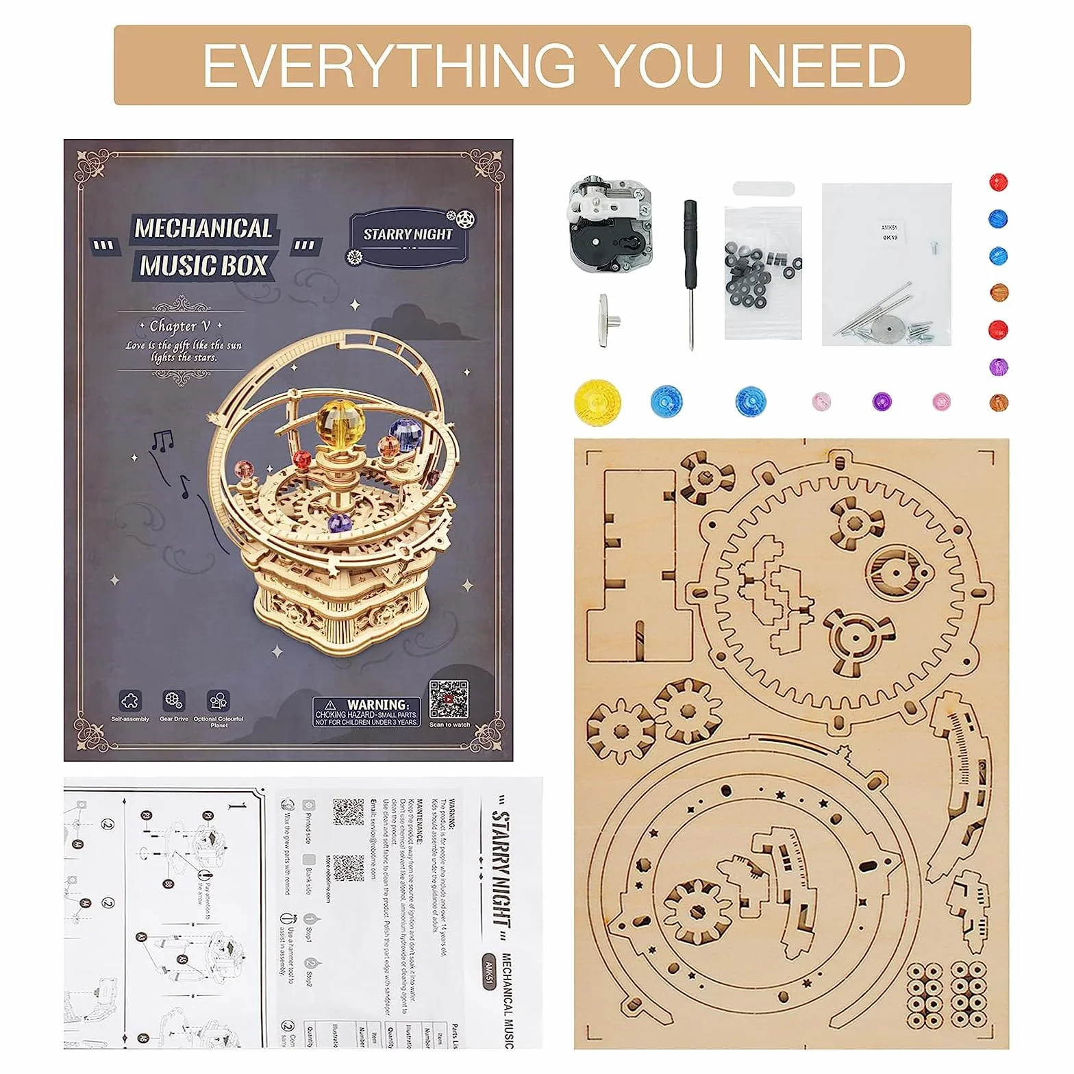 Robotime Puzzle 3D in Legno - Notte Stellata Scatola Musicale, Fai-da-Te Kit Modello Meccanico, Anello Meridiano Astronomico Girevole con La Musica