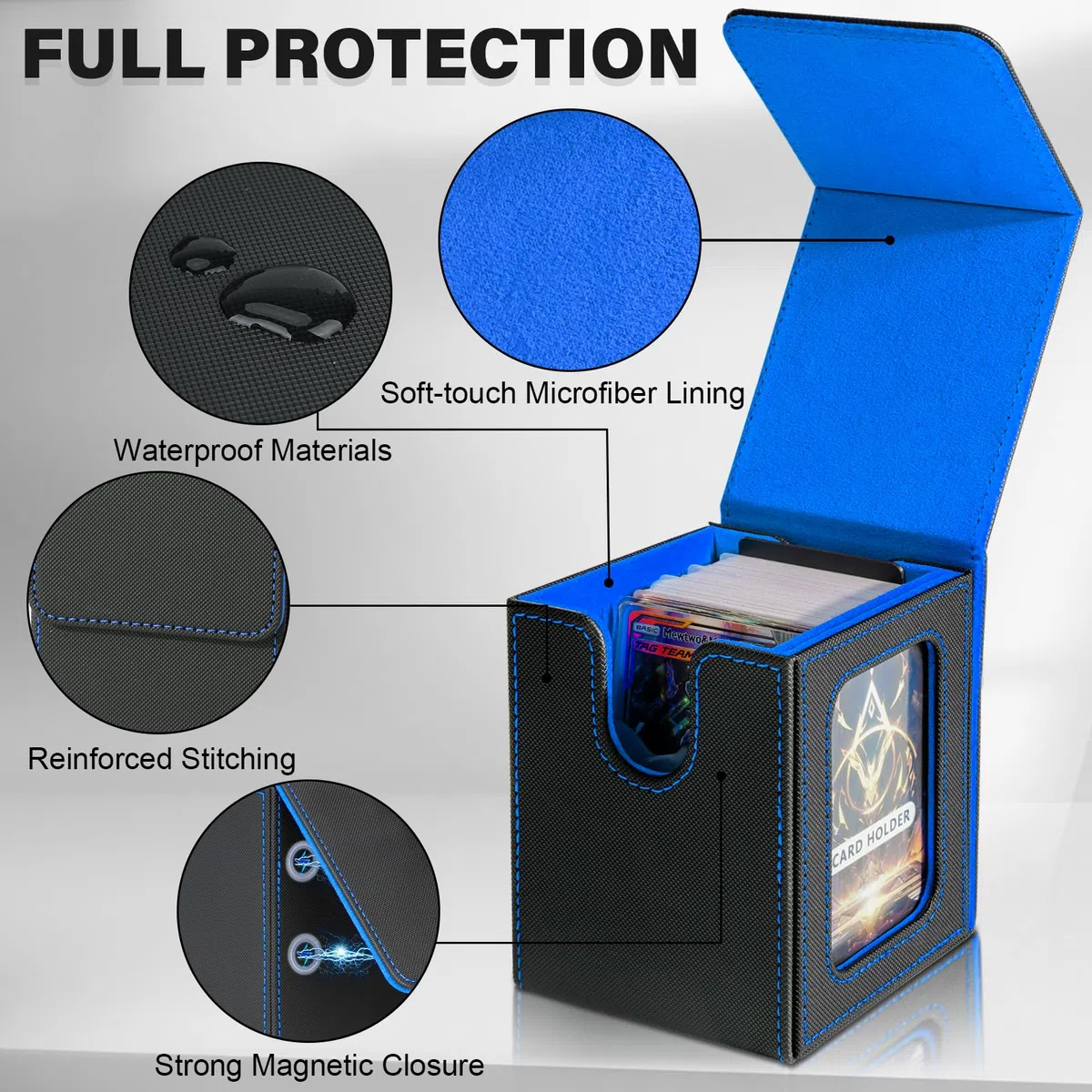 Porta Mazzo di Carte per MTG Commander, Scatola per Carte TCG, Scatola Porta Carte Collezionabili Magnetica in Pelle PU, Contiene 100 Carte a Doppia Busta, Nero e Blu