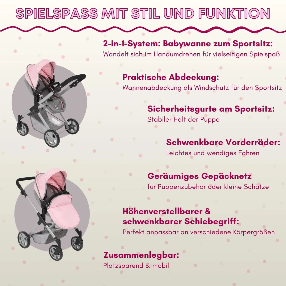 Bayer Chic 2000 Carrozzina 2 in 1 Mila – Melange grigio-rosa – Manico regolabile in altezza 39-72 cm – Telaio moderno – Bambole fino a 50 cm – 3-7 J