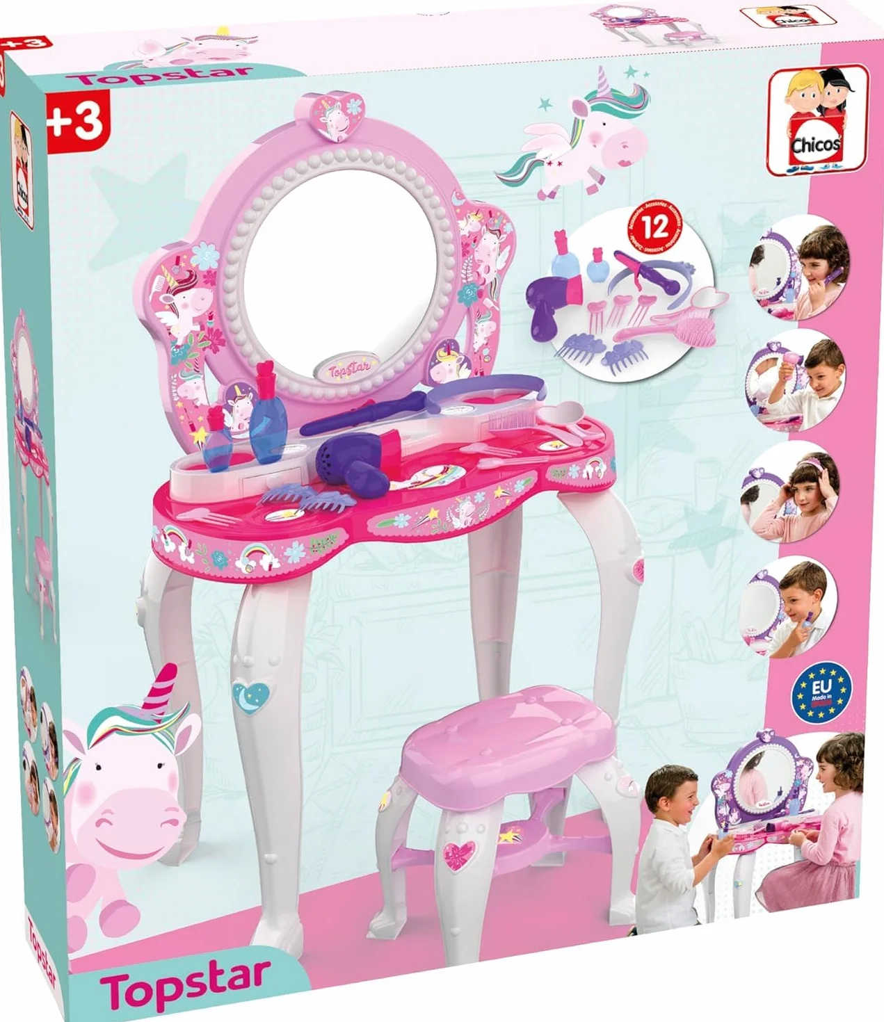 Chicos - Top Star Toeletta Trucco Bambina con Specchiera e Sgabello | Tavolo Trucchi Bambina con 12 Accessori | Postazione Trucco bambina Giocattolo 3+ Anni, Design Unicorno (87398)