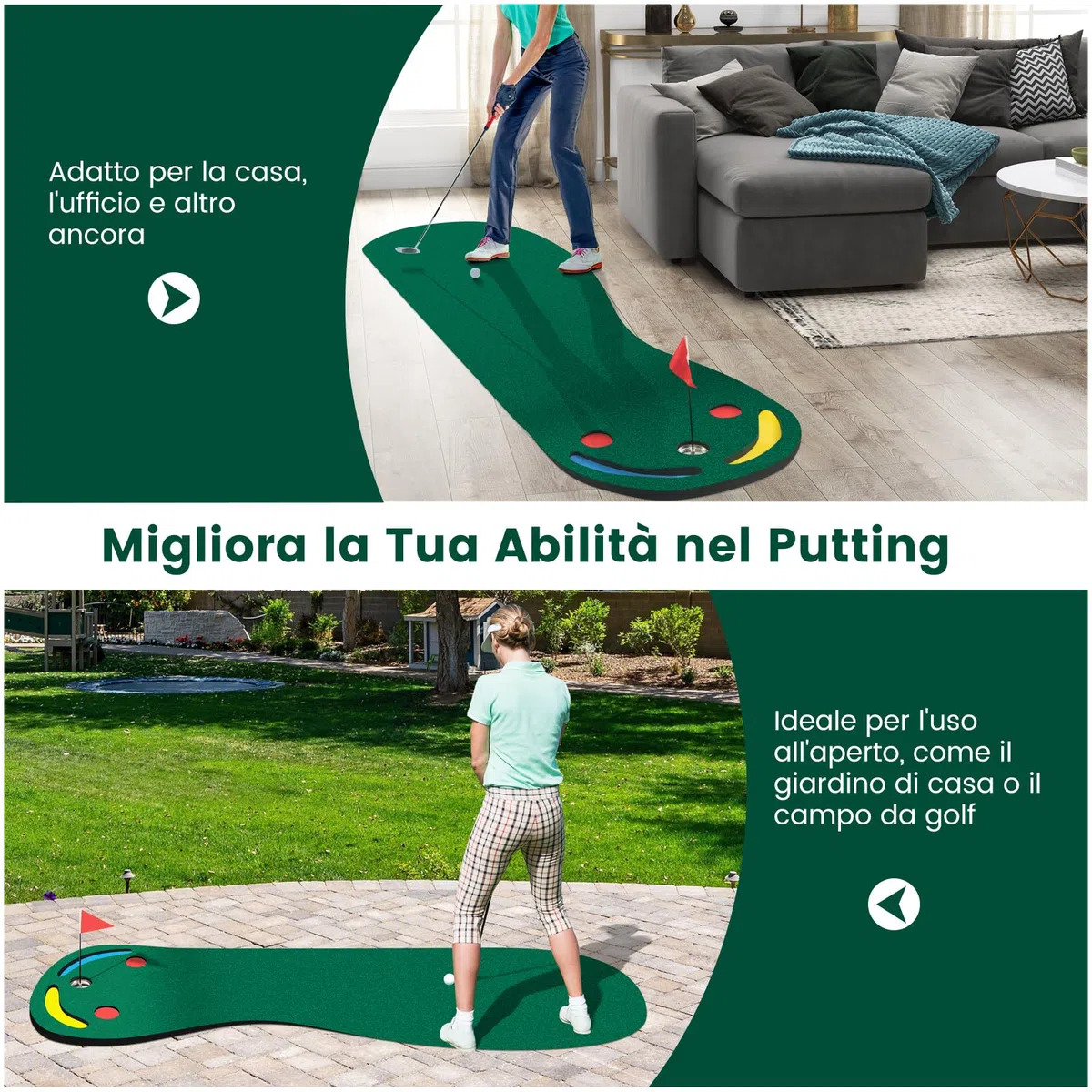 COSTWAY Set di Putting da Golf, Tappetino da Putting con 3 Fori per il Putting, 1 Bandierina e Coperture per Buca da Golf per Allenarsi al Putting, Putting per Uso Interno ed Esterno, 300 x 96 CM