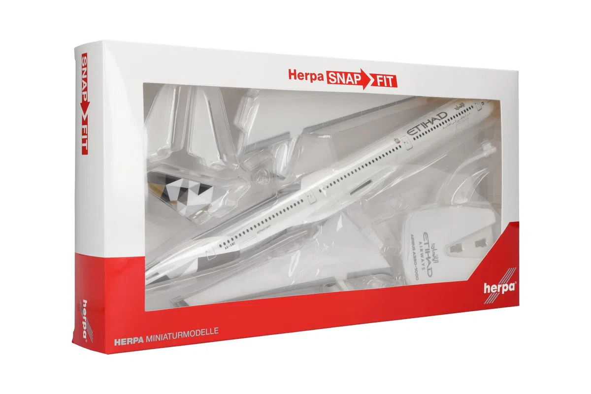 Herpa modello di aereo Etihad Airways Airbus A350-1000 - A6-XWC in scala 1:200 - Snap-Fit, pezzo da collezione, miniatura deco, statuetta con supporto in plastica