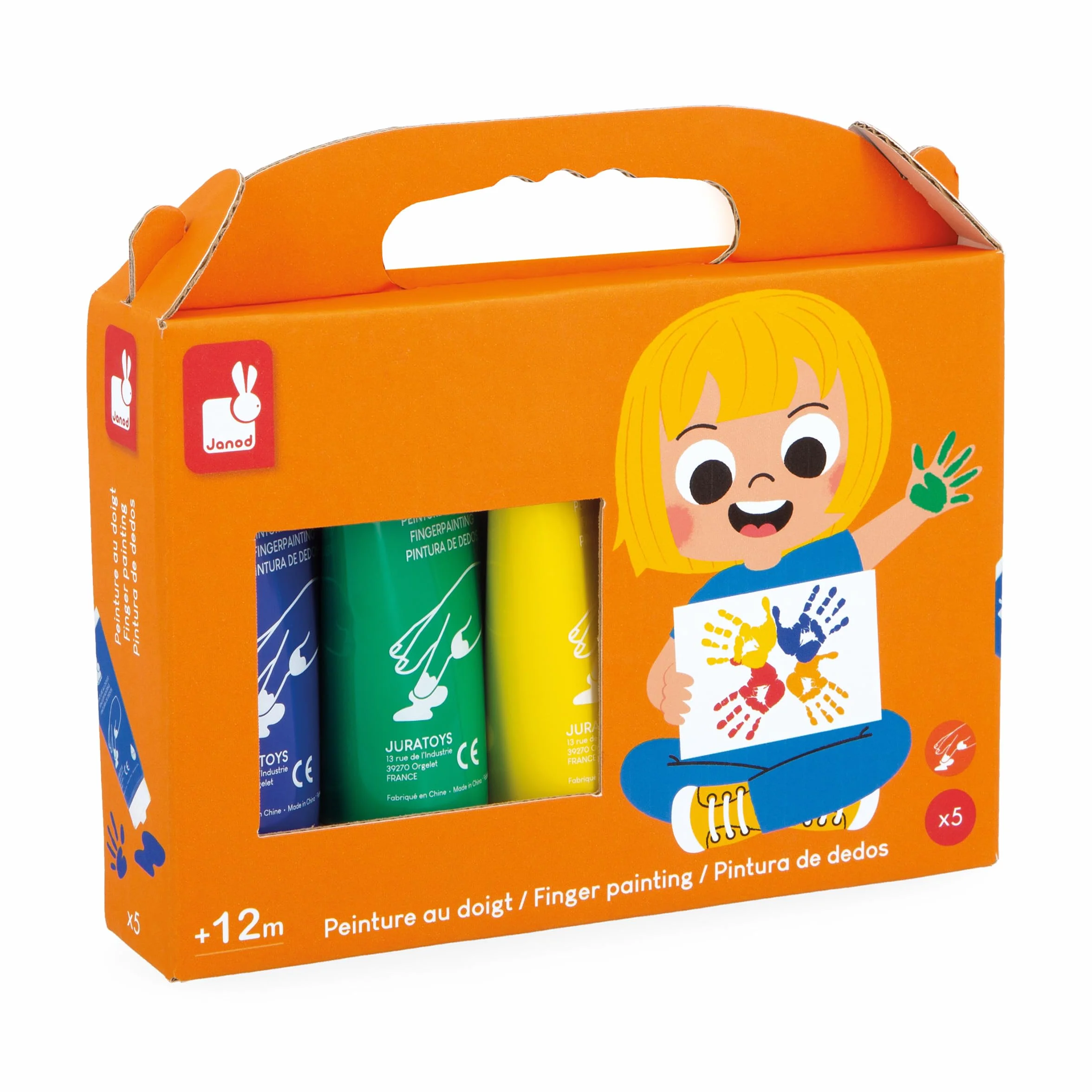 Janod - 5 tubetti di pittura a dita per bambini a partire da 1 anno - Tubetto da 75 ml - Dermatologicamente testato - Ideale per i più piccoli - A partire da 12 mesi - J07403