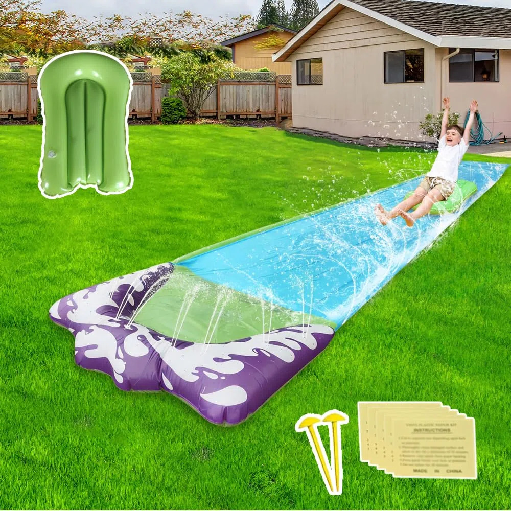 Scivolo d'Acqua, 480 x 70 cm Scivolo d'Acqua per Prato con Irrigatore, Scivolo Acquatico Giardino con Ricambi e Bodyboard, per Feste Estive e Attività in Giardino (Blu)