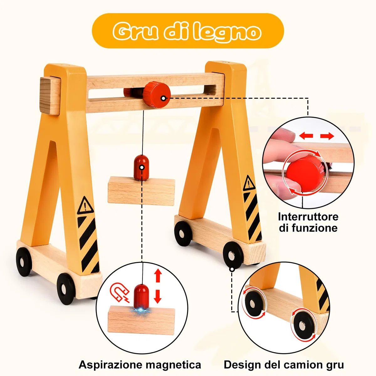 Buzzoxerex Veicolo da Cantiere in Legno per Bambini, Magnetico Veicoli Gru Giocattolo con Gru a Cavalletto, Rullo compressore, Carro Attrezzi, Veicoli da Costruzione Regalo Bimbo dai 3 anni