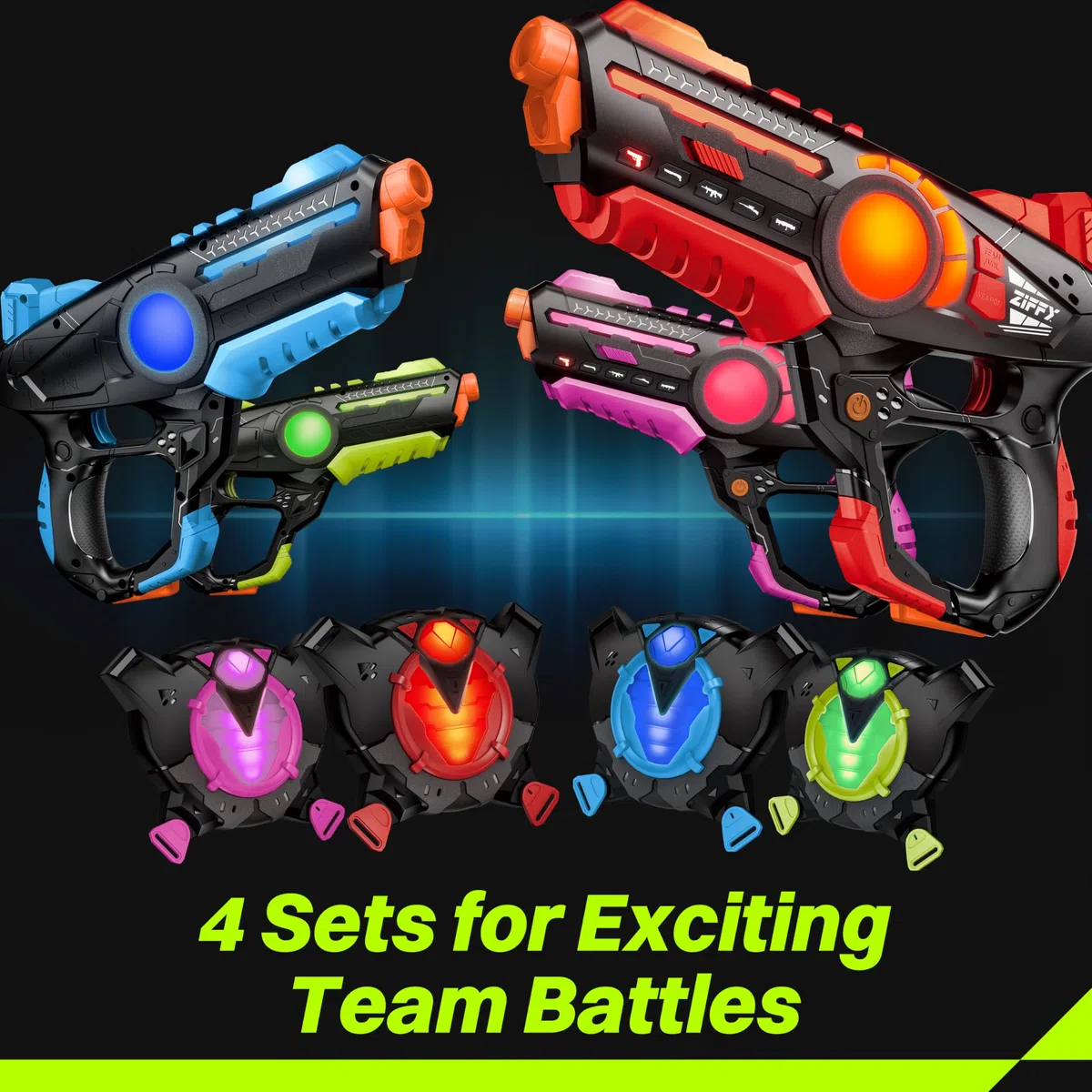 ZIFFY Set di 4 pistole laser tag con gilet, laser tag multifunzione per interni ed esterni, giochi di famiglia, regalo di Natale e compleanno, attività di gruppo, età 8+ (nero)