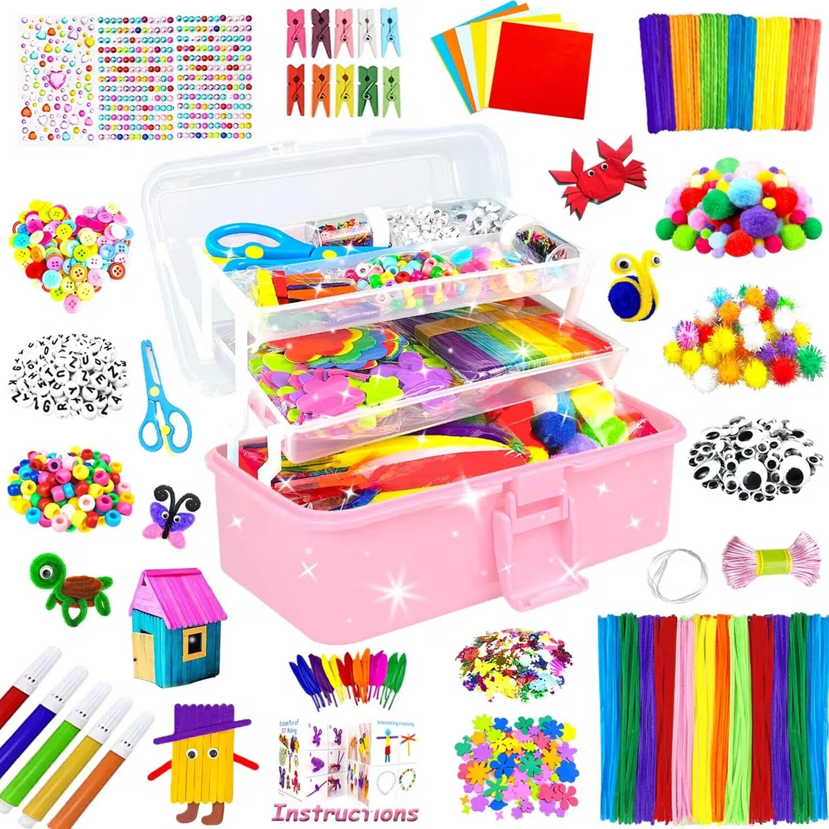 3000 Pezzi Lavoretti Creativi per Bambini DIY Art Craft Set Scovolini Colorati per Lavoretti per Bambini Scatola artigianale 3 strati Materiale scolastico fai da te Regali per Ragazze e Ragazzi, Rosa