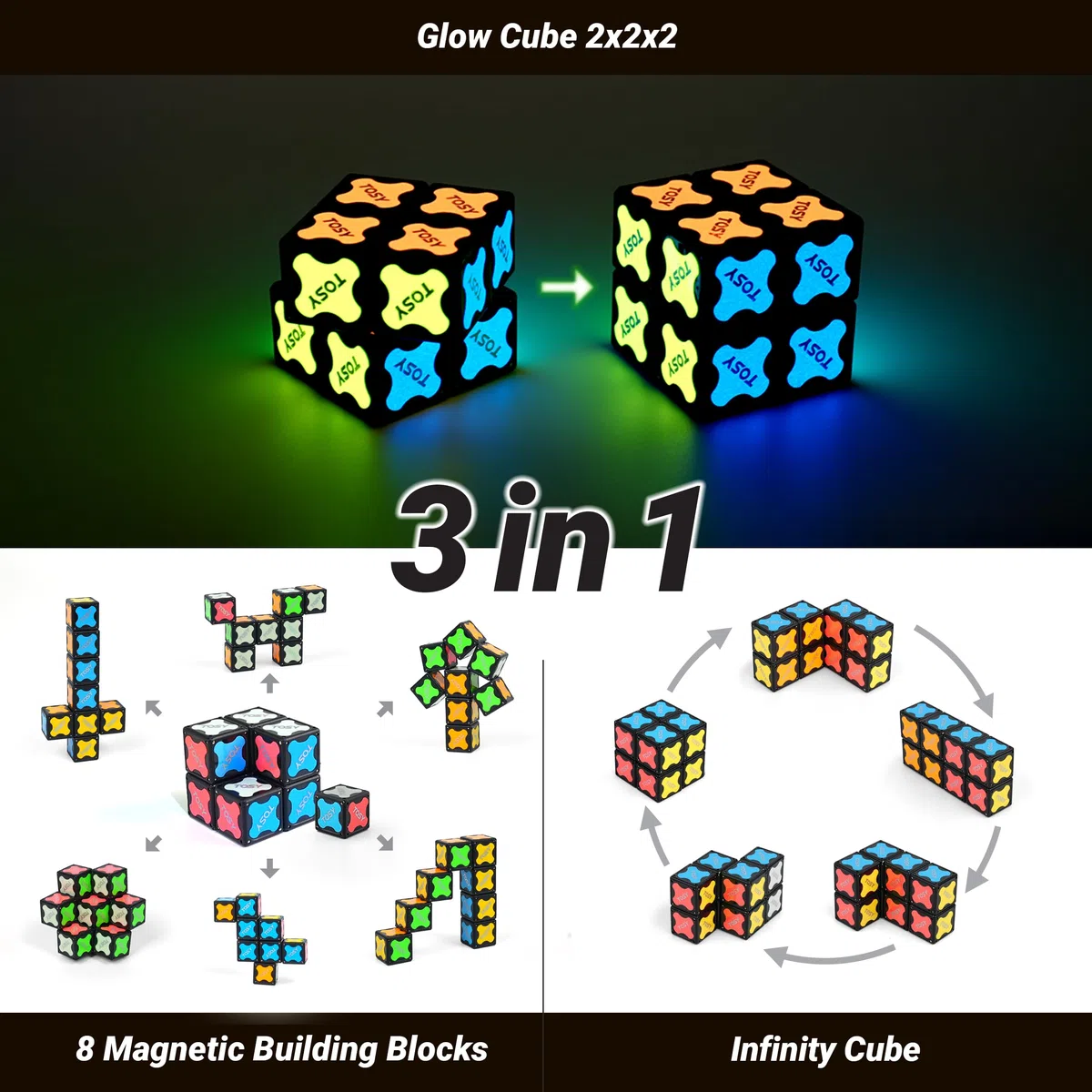 TOSY Cubo magnetico 2 x 2 – 8 blocchi, giocattolo 2 in 1: cubo puzzle 2 x 2 x 2 e cubo infinito personalizzabile, luminoso, regalo per bambini/nipoti, torcia UV, giocattolo sensoriale/STEM