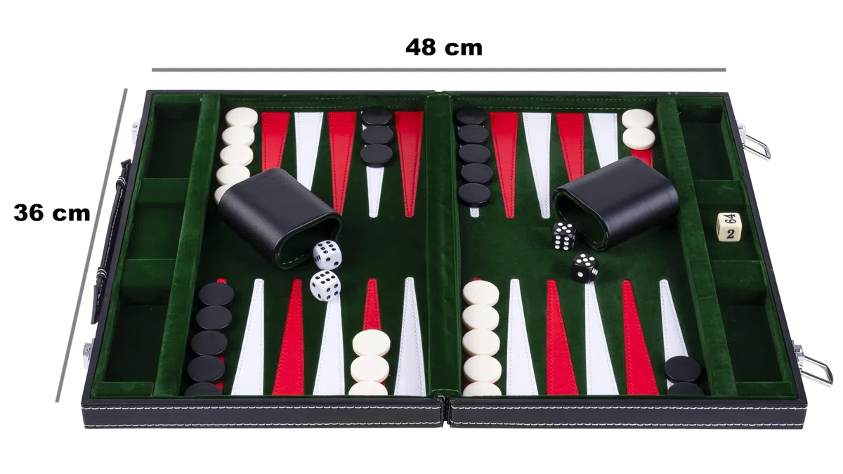 Engelhart – 250517 – Backgammon 15” (38 cm) in Similpelle Cucita – Tavola con Velluto e Cuciture – Aperta: 36x48 cm – Verde, Rosso, Bianco – Gioco da Tavolo Portatile per 2 Giocatori