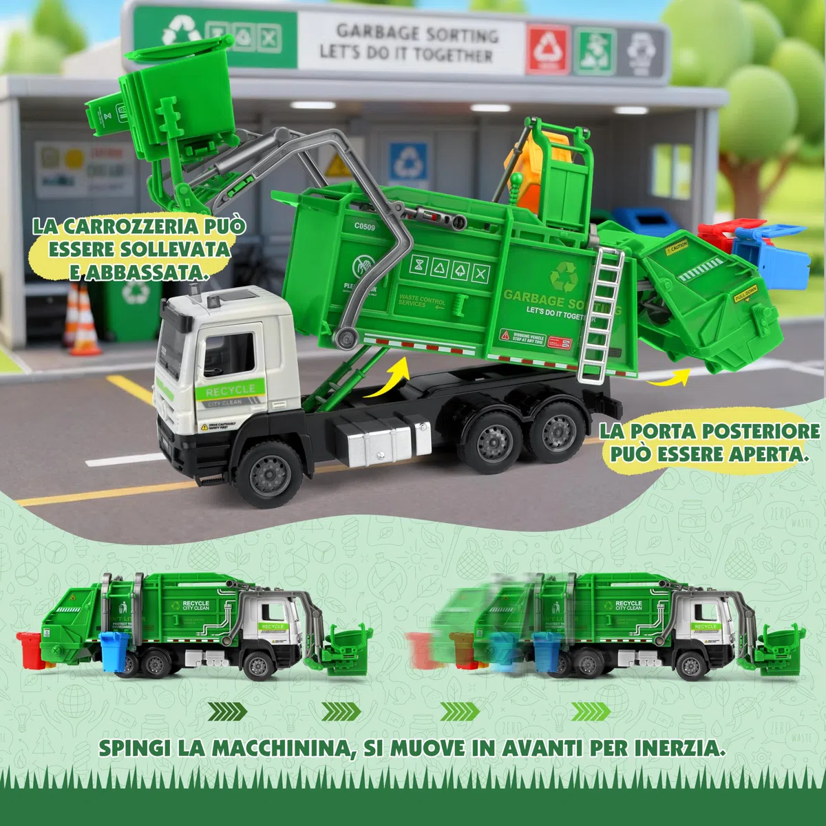 Charmofun Camion Spazzatura, Camion dei Rifiuti con 6 bidoni della spazzatura, 180 Carte del Rifiuto, Luci e Suoni, Camions Immondizia Regalo per Bambini e Bambine 3+