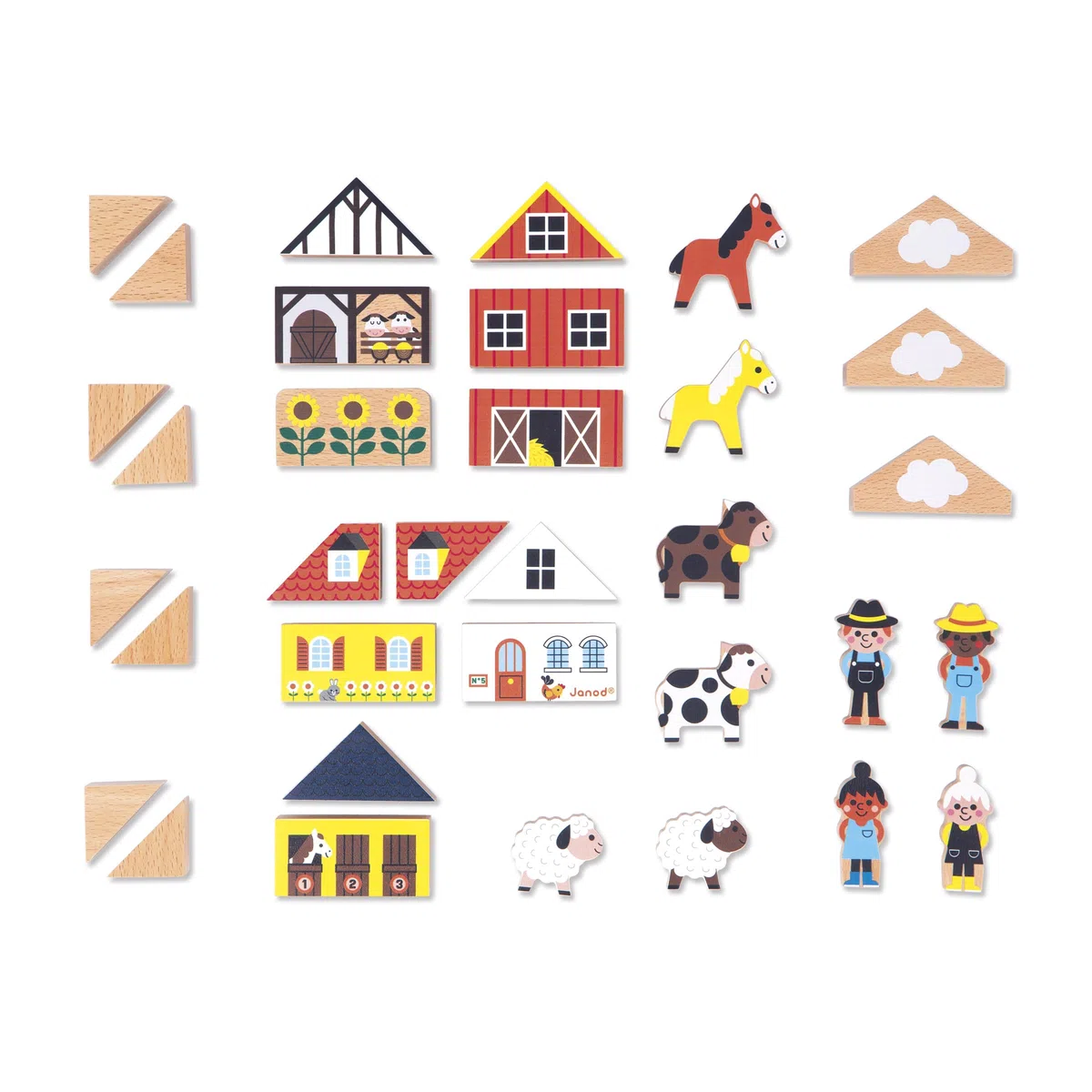 Janod Set di 34 cubi in Legno Massiccio, Tema Country, Complemento Ottime ai tappetini per Auto, Gioco di Costruzione, Sviluppa l'immaginazione, Giocattolo in Legno FSCTM, da 2 Anni, J05937