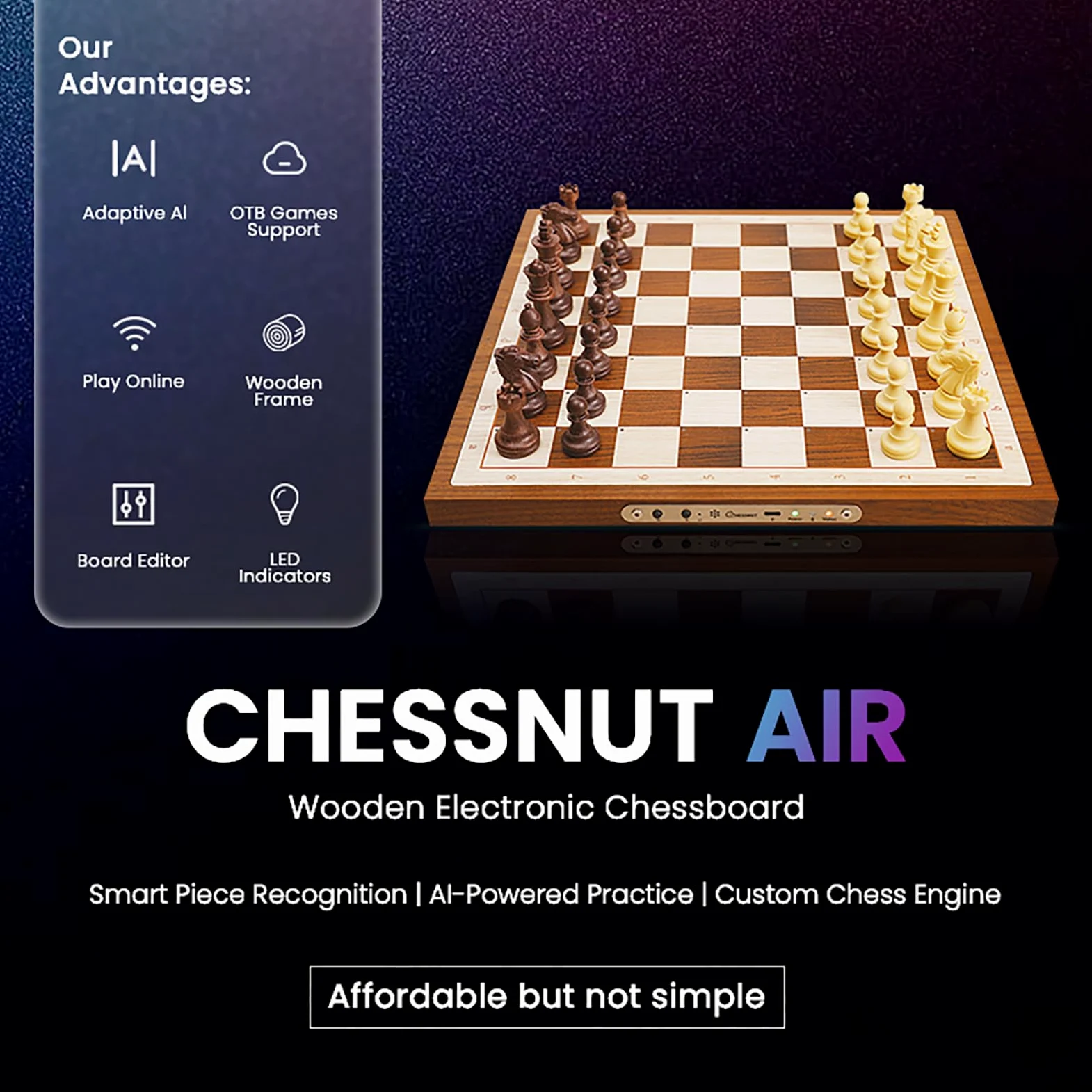 Chessnut Air Electronic Chess Set, una scacchiera in legno magnificamente realizzata a mano con regine extra, LED, set di scacchi elettronici adattivi AI e app con scacchiera per computer