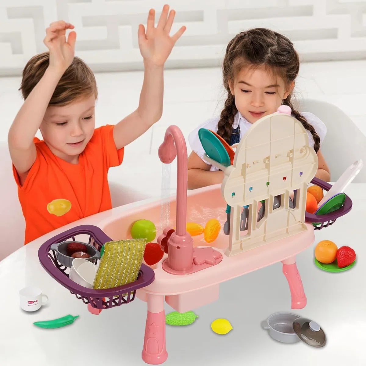 Lavandino Giocattolo per Bambini,Lavello giocattolo con acqua di rubinetto,Set di giocattoli da cucina con rubinetto funzionante con Portapiatti e Giocattoli Alimentari per ragazzi ragazze 3 4 5 6