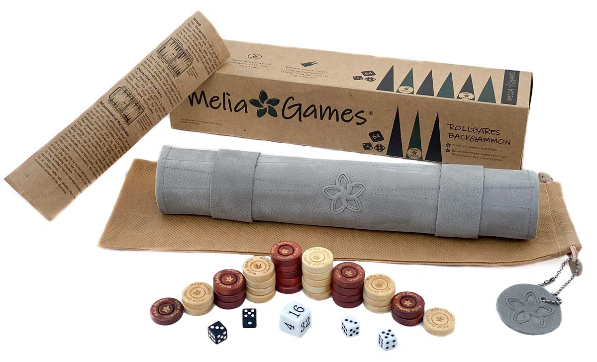 MELIA Outlet Backgammon in pelle per rotolare – Backgammon da viaggio in vera pelle con pietre da gioco in legno – Lusso Backgammon – Premium Roll-Up Backgammon – Handmade in Europe – Grigio