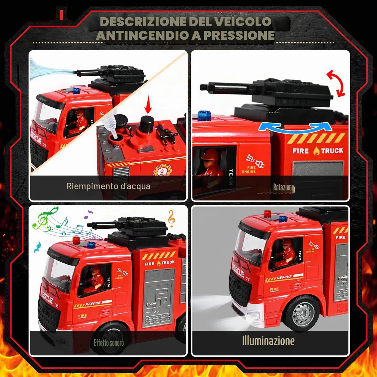 HILKKET 2 Camion Pompieri Giocattolo, Camion Pompieri Telecomandato con Luci, Suoni, Scala e Pompa Dell'acqua, con 2 Pompieri, 4 Secchielli e 1 Estintore
